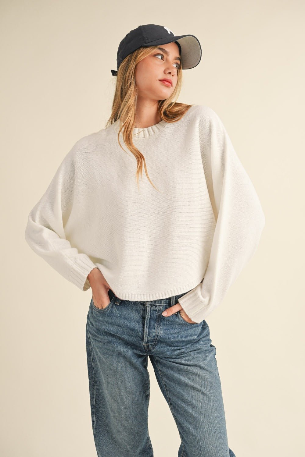 Mable - Crew Neck Dolman Sleeve Cropped Sweater in Off White