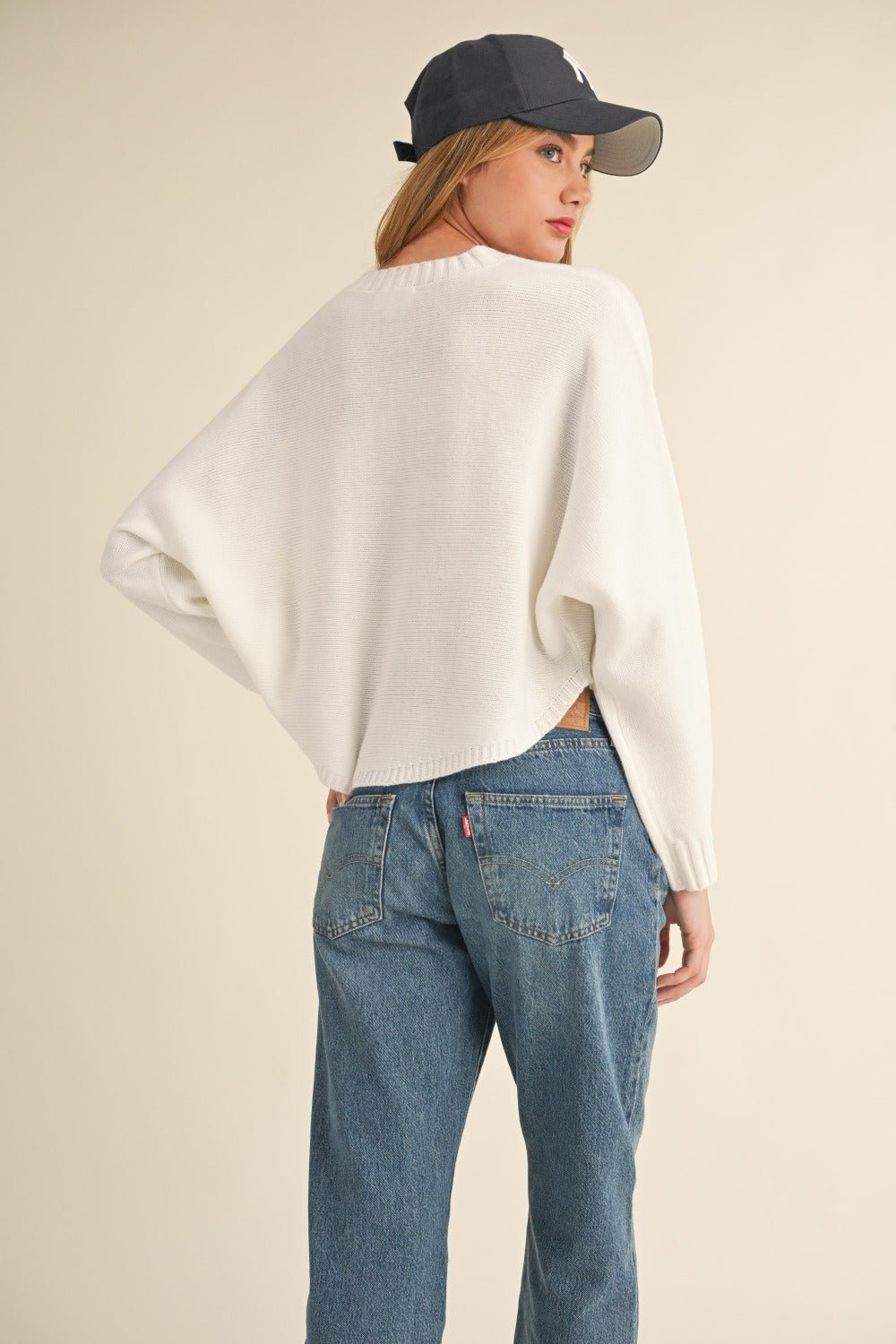 Mable - Crew Neck Dolman Sleeve Cropped Sweater in Off White