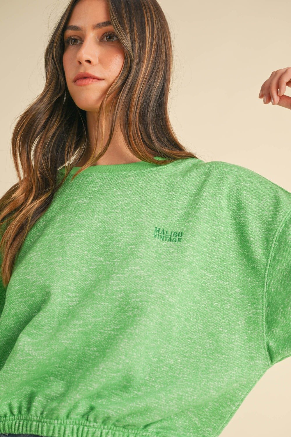 Mable - Crew Neck Malibu Vintage Embroidered Crop Sweatshirt in Apple Green