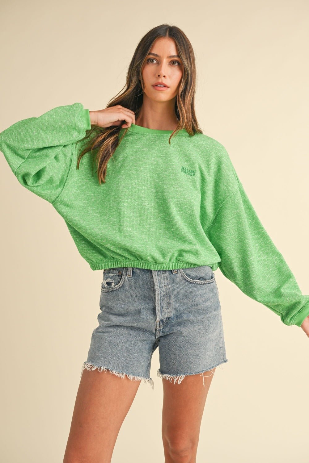 Mable - Crew Neck Malibu Vintage Embroidered Crop Sweatshirt in Apple Green