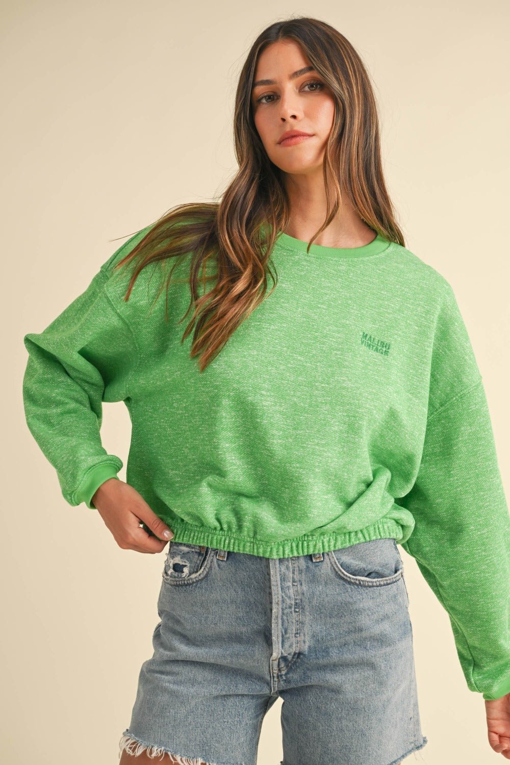 Mable - Crew Neck Malibu Vintage Embroidered Crop Sweatshirt in Apple Green