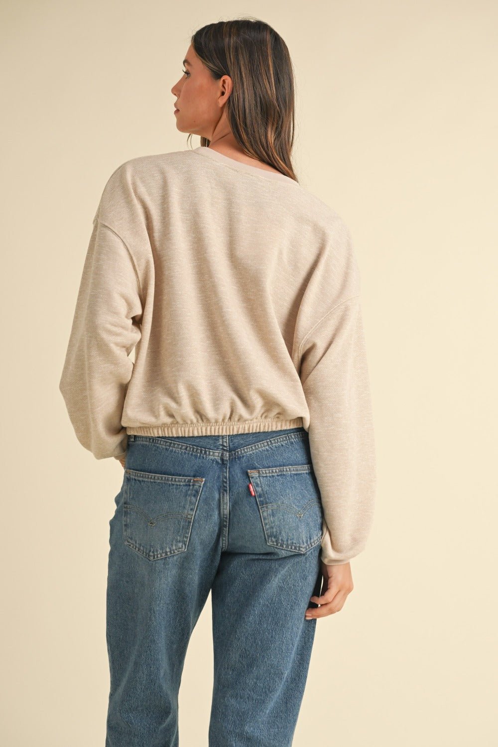 Mable - Crew Neck Malibu Vintage Embroidered Crop Sweatshirt in Taupe