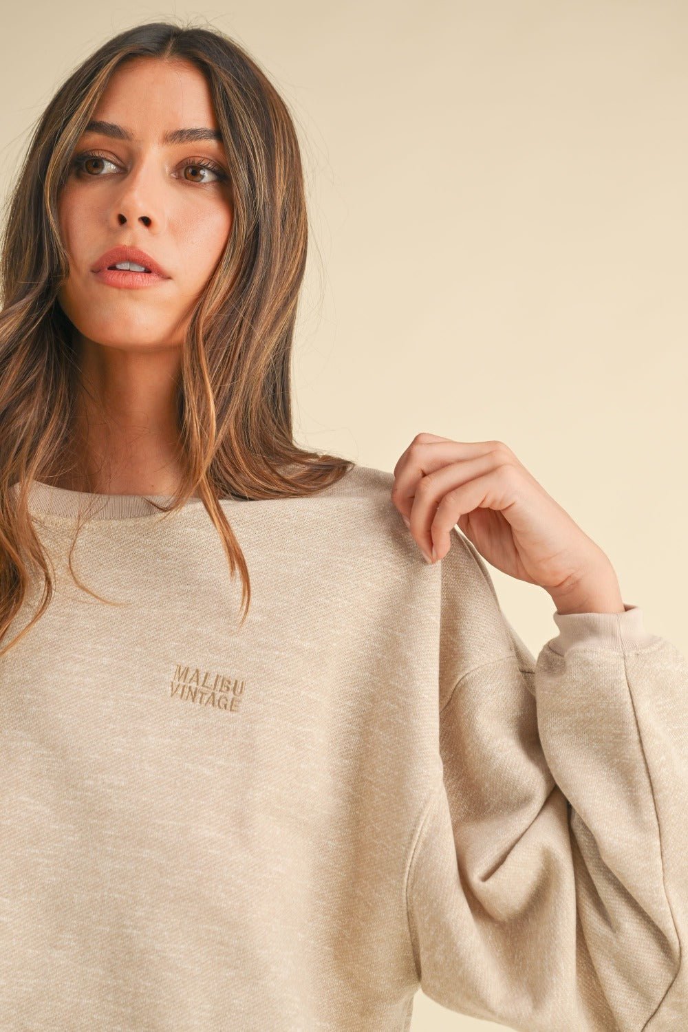 Mable - Crew Neck Malibu Vintage Embroidered Crop Sweatshirt in Taupe