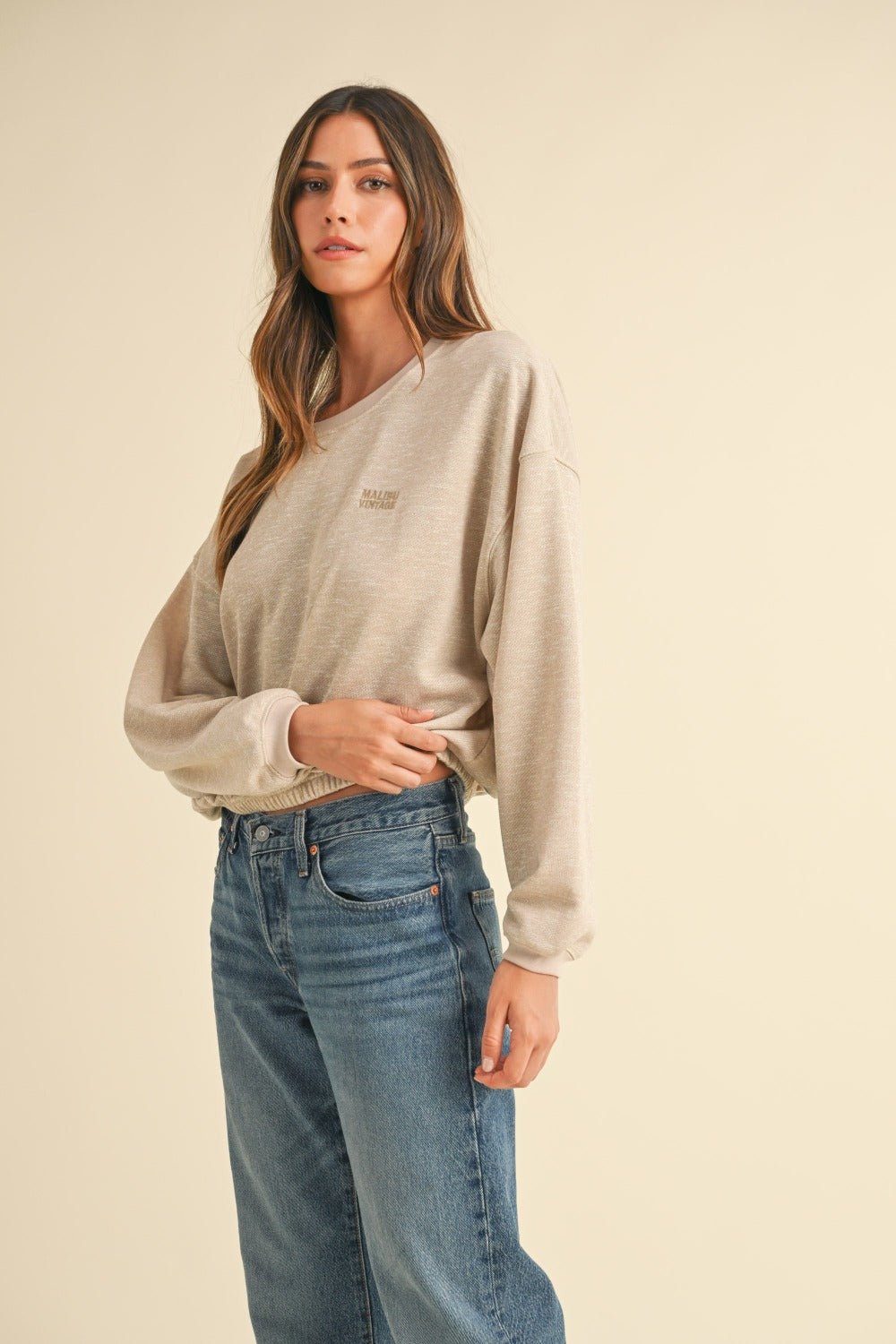 Mable - Crew Neck Malibu Vintage Embroidered Crop Sweatshirt in Taupe