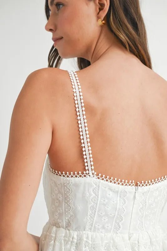 Mable - Embroidered Babydoll Mini Dress in White
