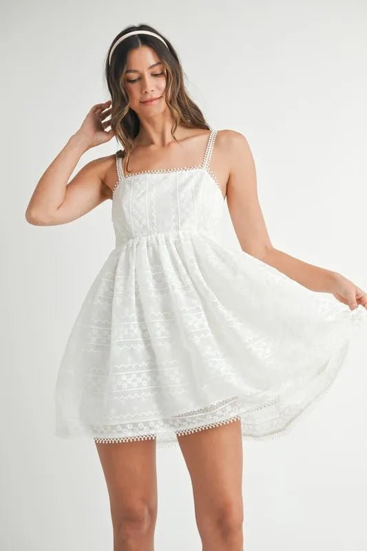 Mable - Embroidered Babydoll Mini Dress in White
