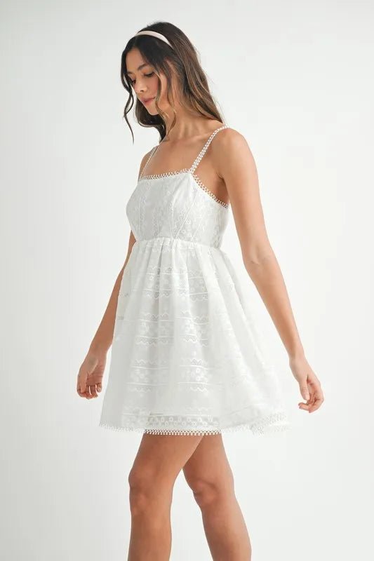 Mable - Embroidered Babydoll Mini Dress in White