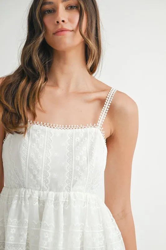Mable - Embroidered Babydoll Mini Dress in White