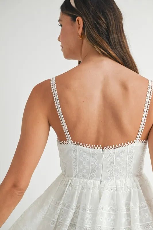 Mable - Embroidered Babydoll Mini Dress in White
