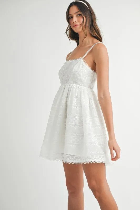 Mable - Embroidered Babydoll Mini Dress in White