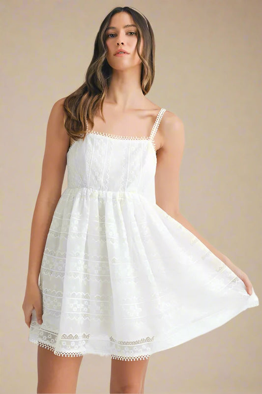 Mable - Embroidered Babydoll Mini Dress in White