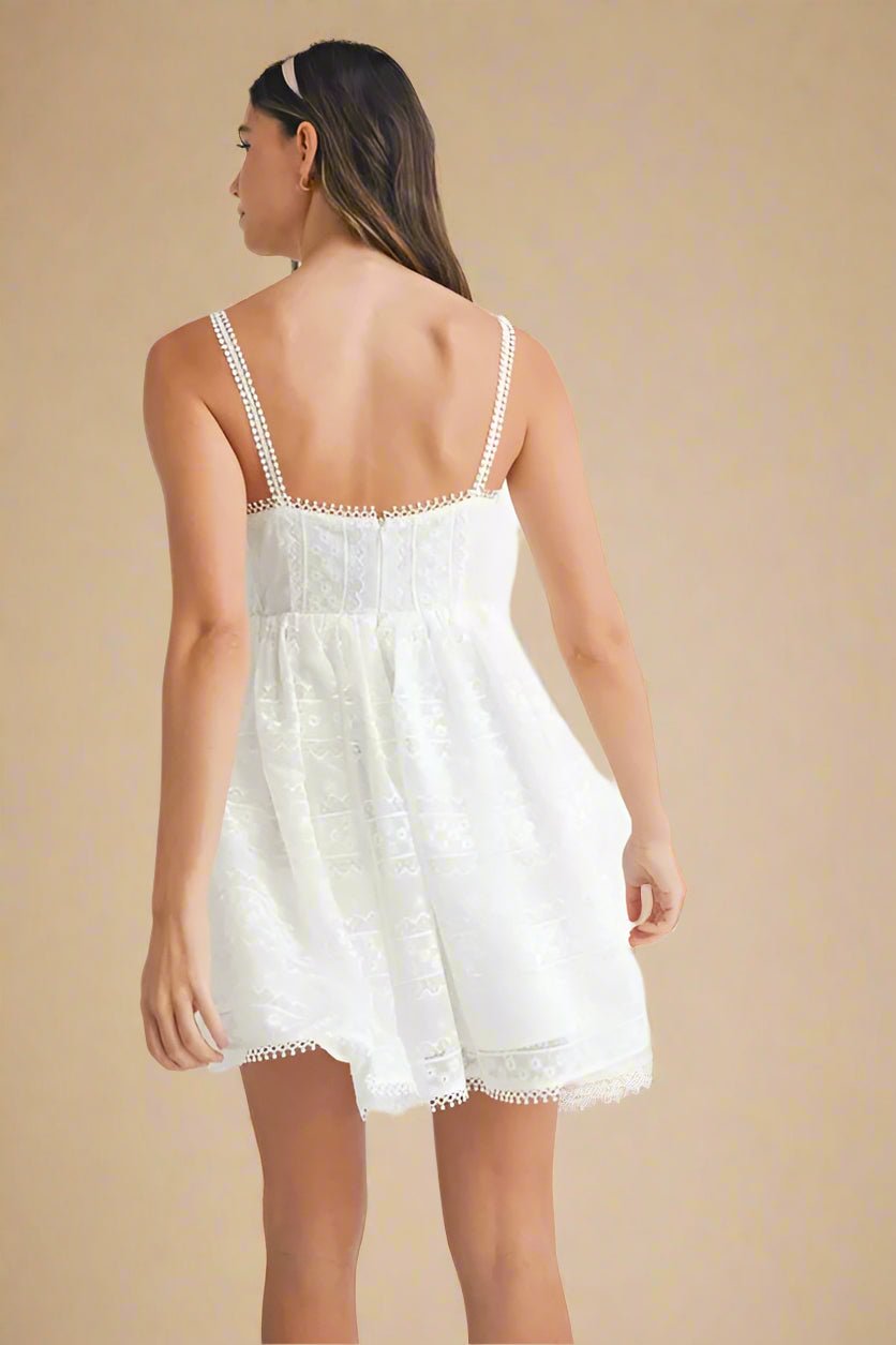 Mable - Embroidered Babydoll Mini Dress in White