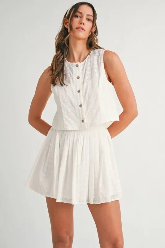 Mable - Embroidered Ivory Button - Front Mini Skirt Set