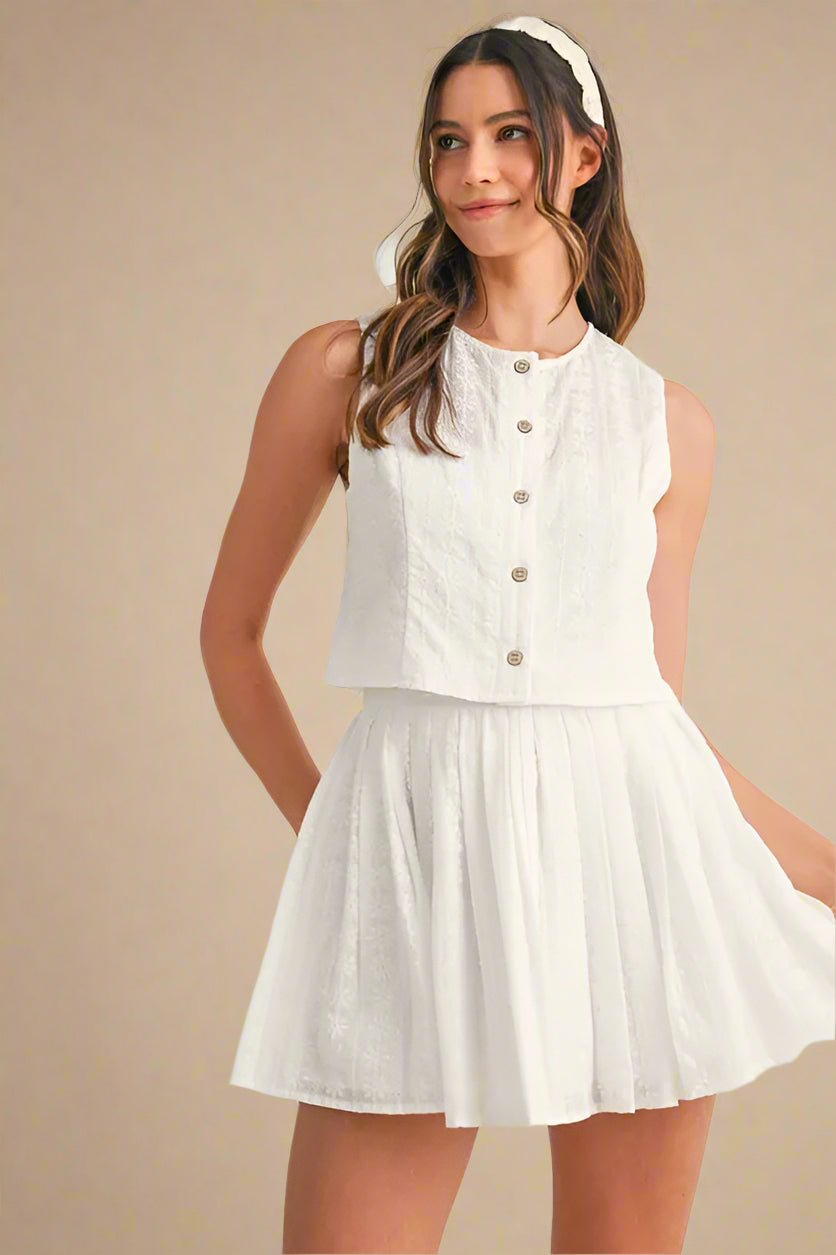 Mable - Embroidered Ivory Button - Front Mini Skirt Set