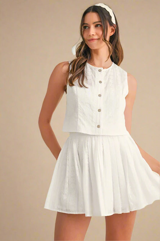 Mable - Embroidered Ivory Button - Front Mini Skirt Set