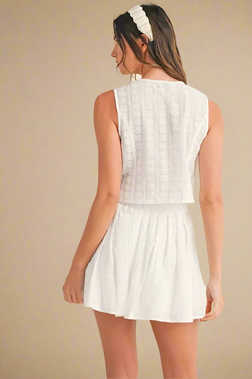 Mable - Embroidered Ivory Button - Front Mini Skirt Set