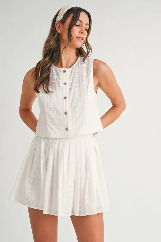 Mable - Embroidered Ivory Button - Front Mini Skirt Set