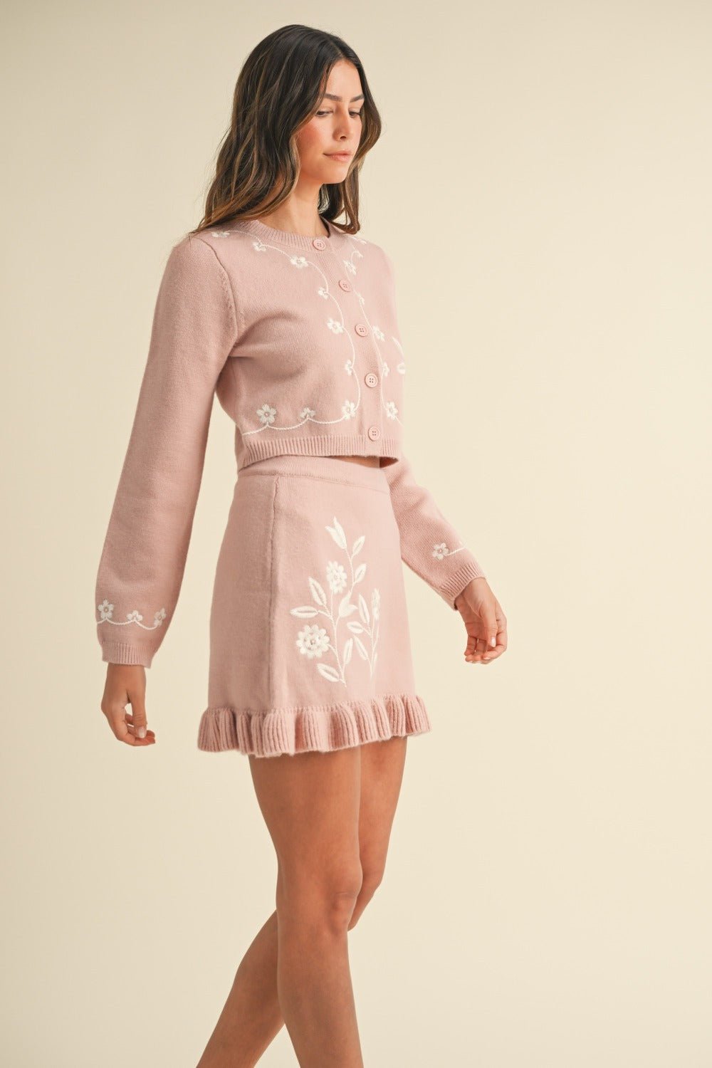 Mable - Floral Embroidered Crop Cardigan and Ruffled Mini Skirt Set in Rose