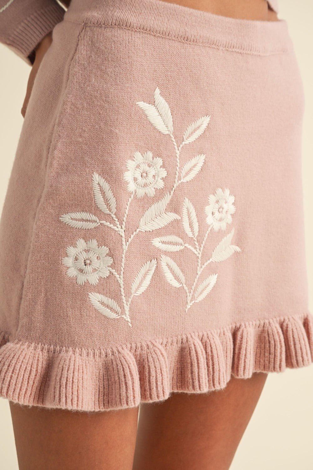 Mable - Floral Embroidered Crop Cardigan and Ruffled Mini Skirt Set in Rose