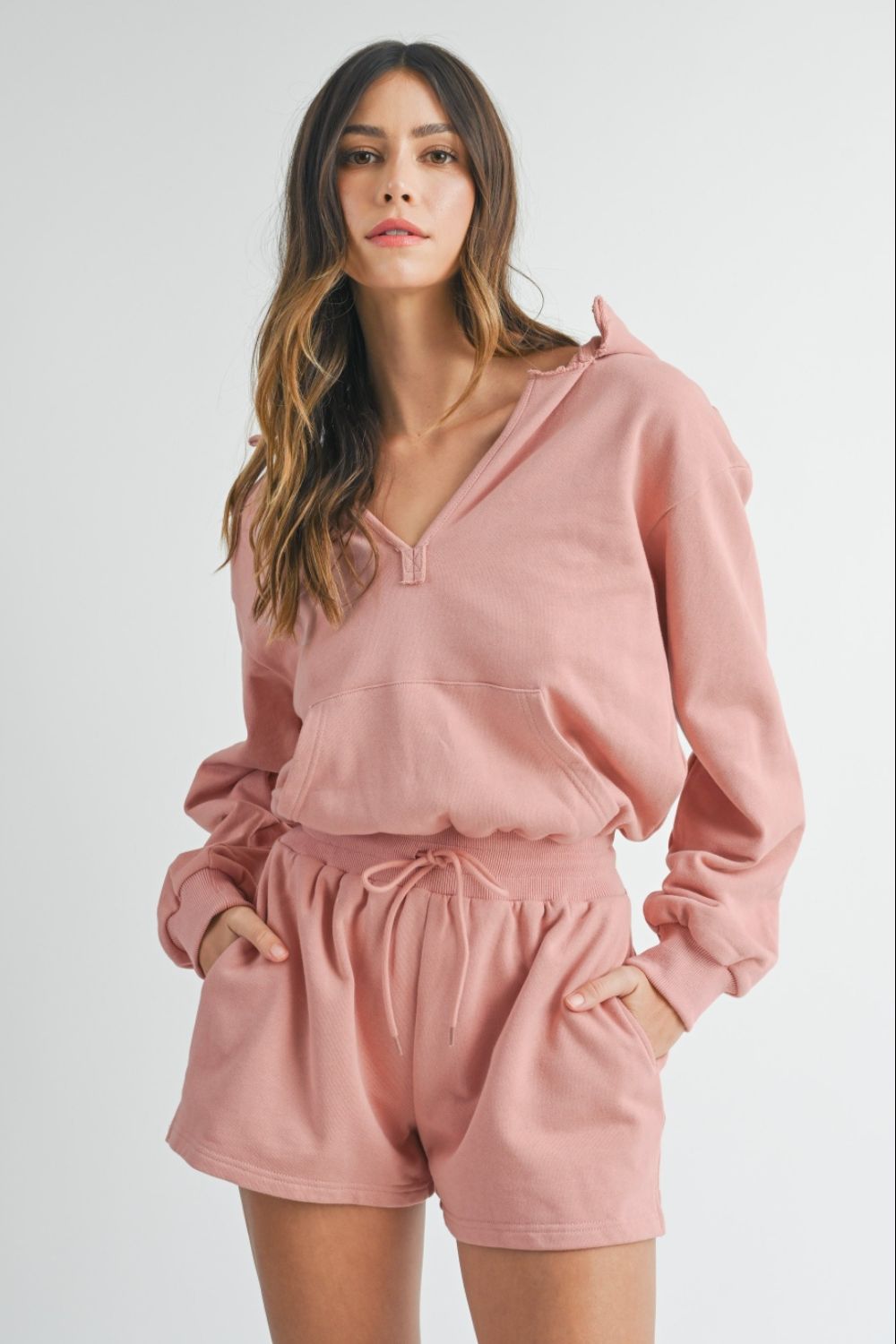 Mable - French Terry Hooded Romper in Dusty Mauve