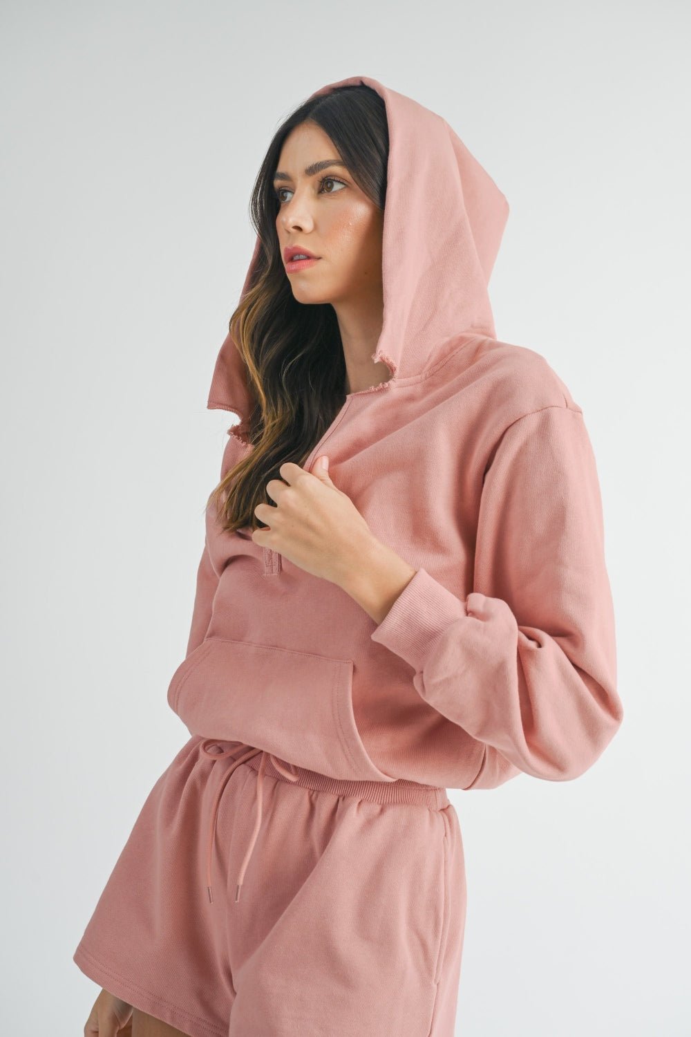 Mable - French Terry Hooded Romper in Dusty Mauve