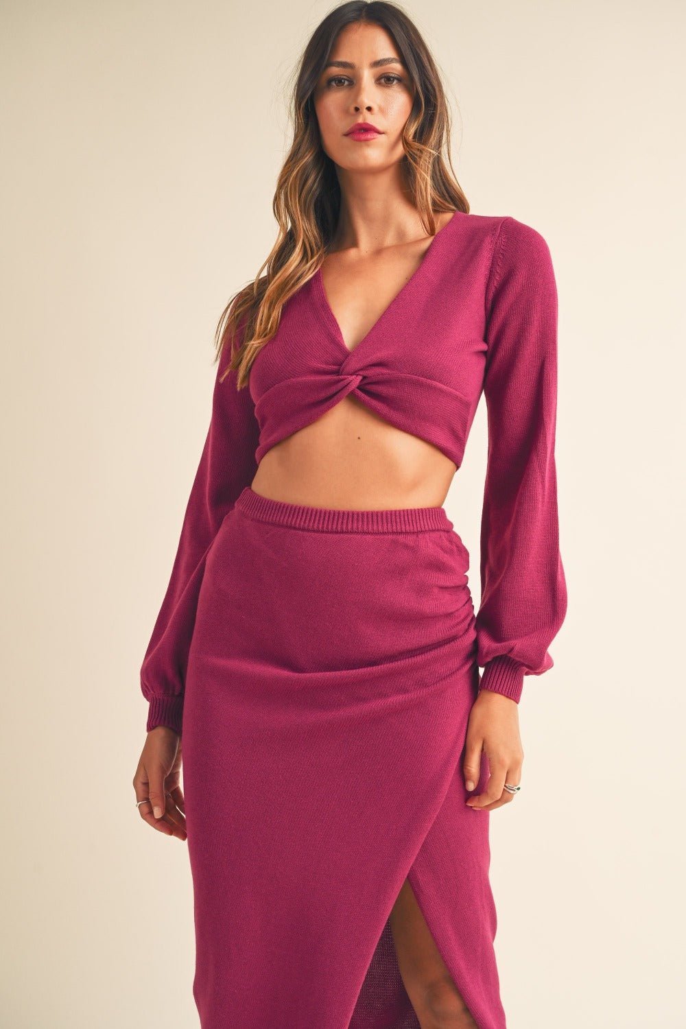 Mable - Front Twisted Knit Top and Midi Skirt Set in Magenta