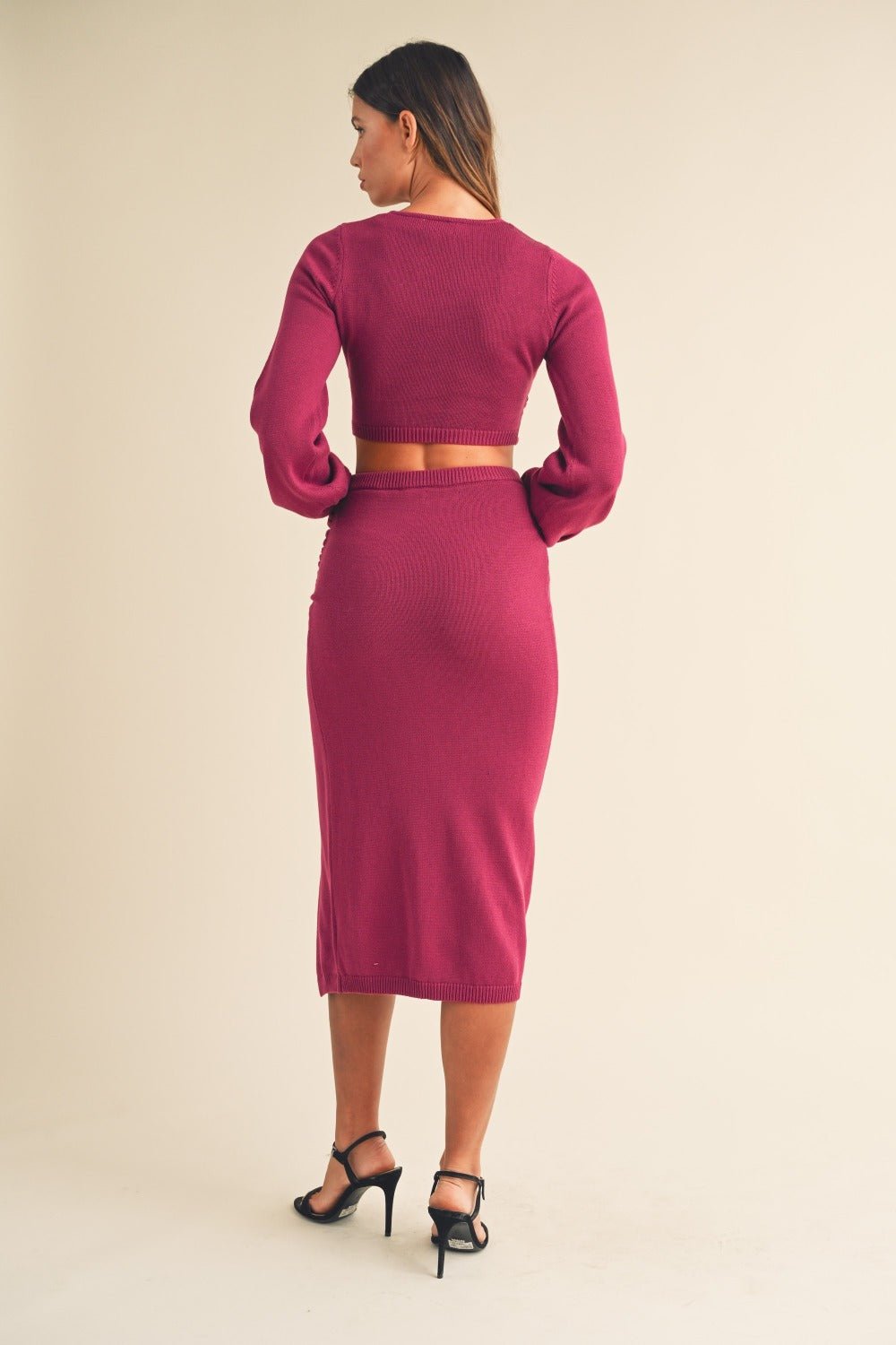 Mable - Front Twisted Knit Top and Midi Skirt Set in Magenta