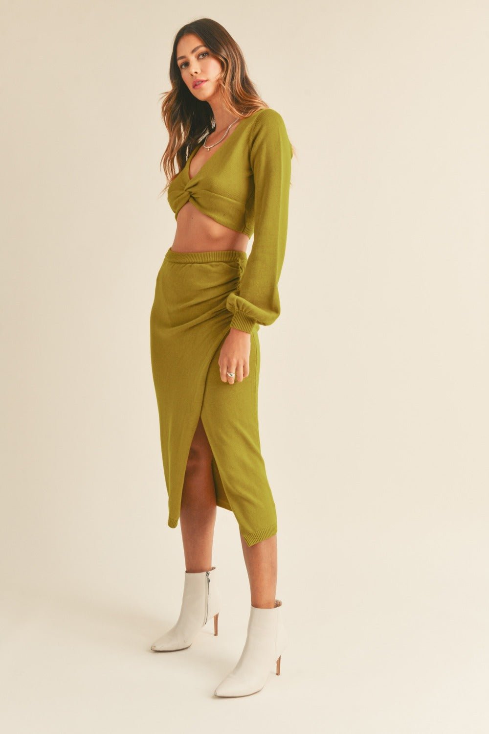 Mable - Front Twisted Knit Top and Midi Skirt Set in Moss Green