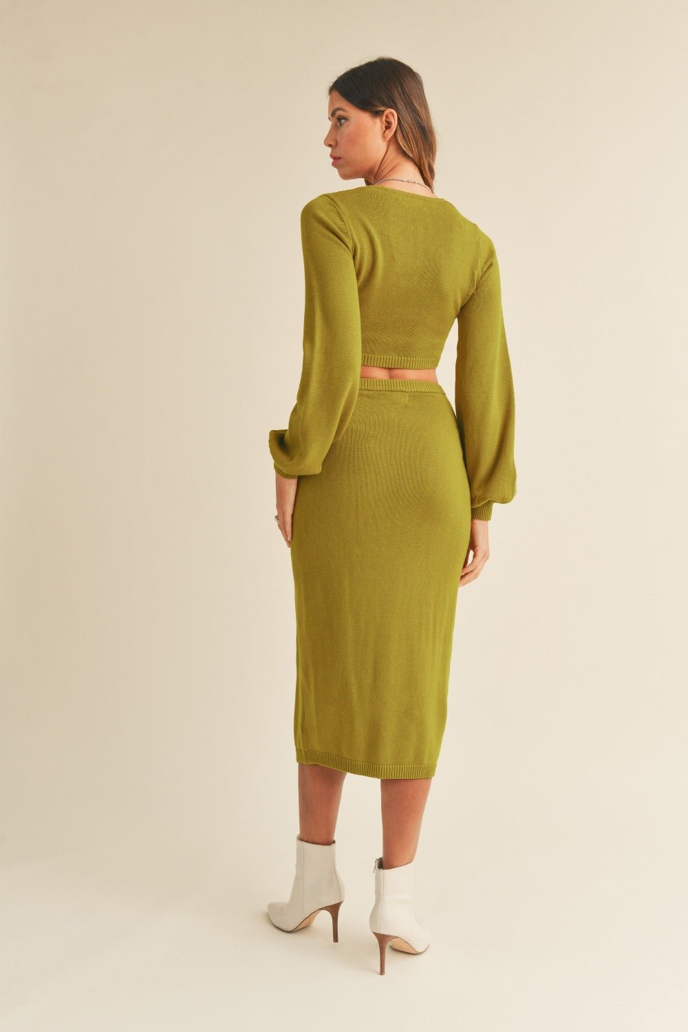 Mable - Front Twisted Knit Top and Midi Skirt Set in Moss Green