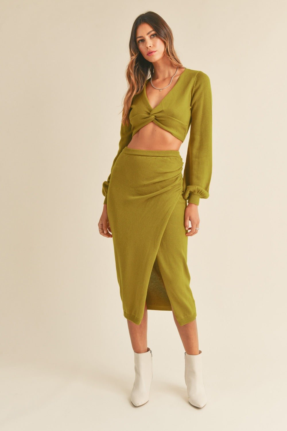 Mable - Front Twisted Knit Top and Midi Skirt Set in Moss Green