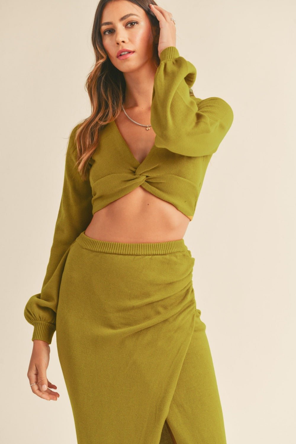 Mable - Front Twisted Knit Top and Midi Skirt Set in Moss Green