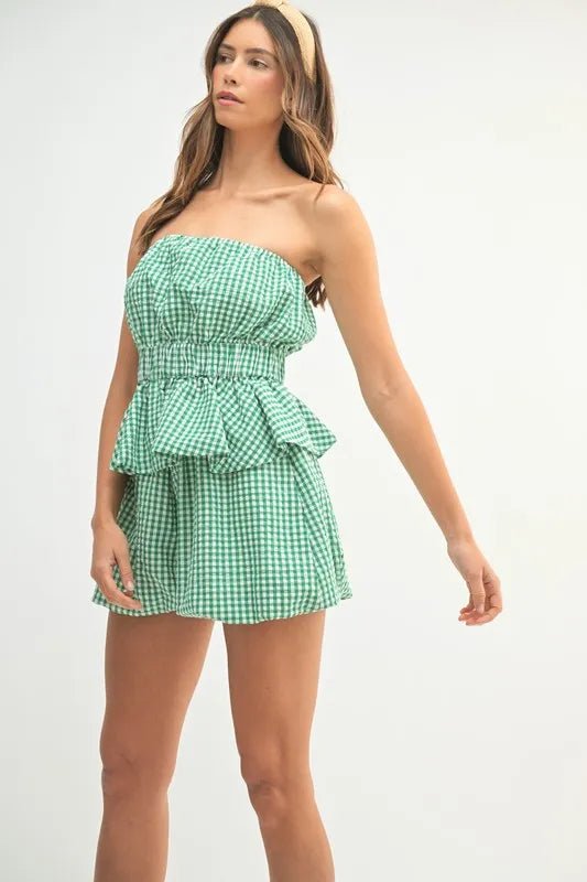 Mable - Green Gingham Strapless Peplum Short Set