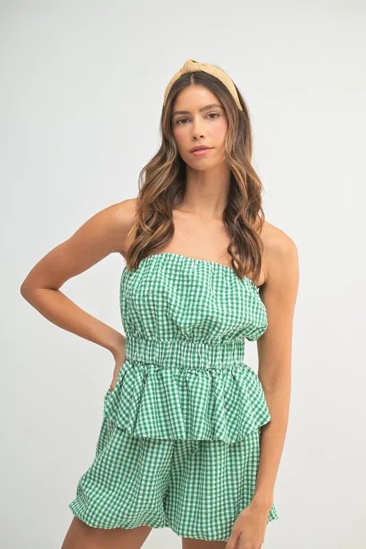 Mable - Green Gingham Strapless Peplum Short Set