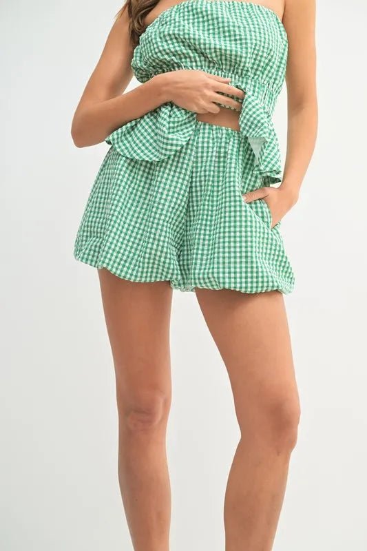 Mable - Green Gingham Strapless Peplum Short Set