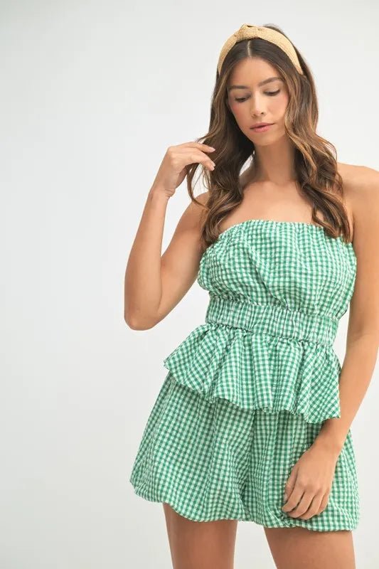 Mable - Green Gingham Strapless Peplum Short Set
