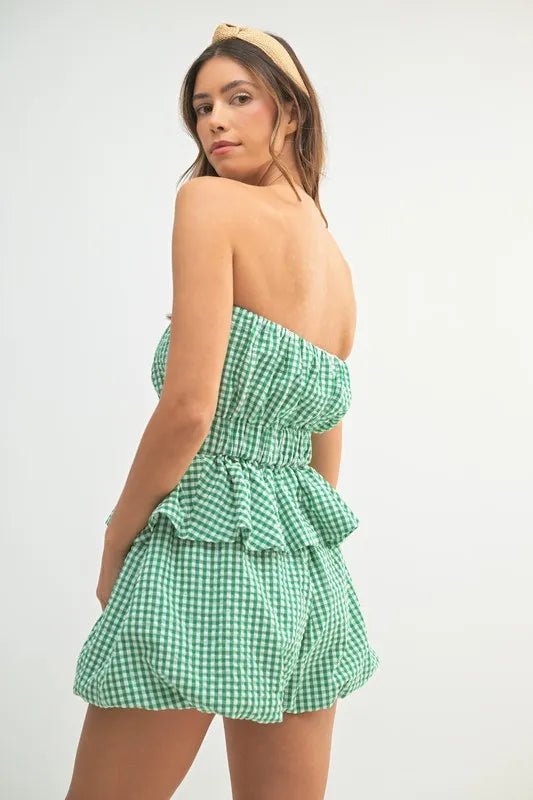 Mable - Green Gingham Strapless Peplum Short Set