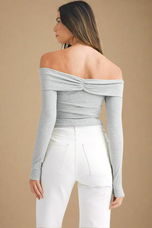 Mable - Heather Gray Off - Shoulder Ruched Button Top