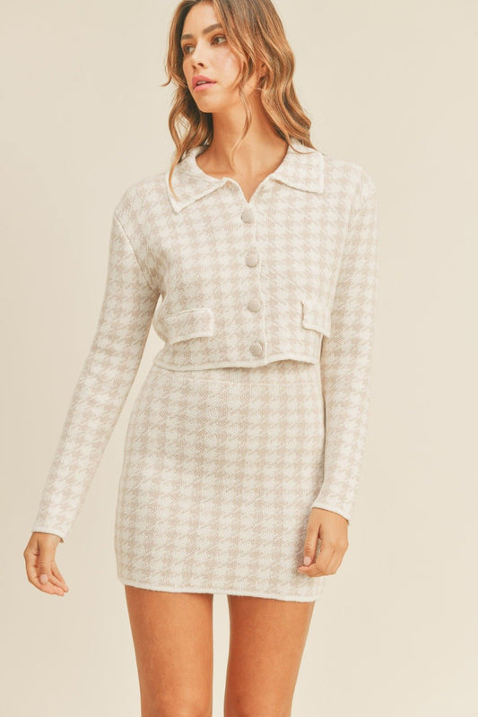 Mable - Houndstooth Cropped Knit Cardigan and Mini Skirt Set in Dusty Pink