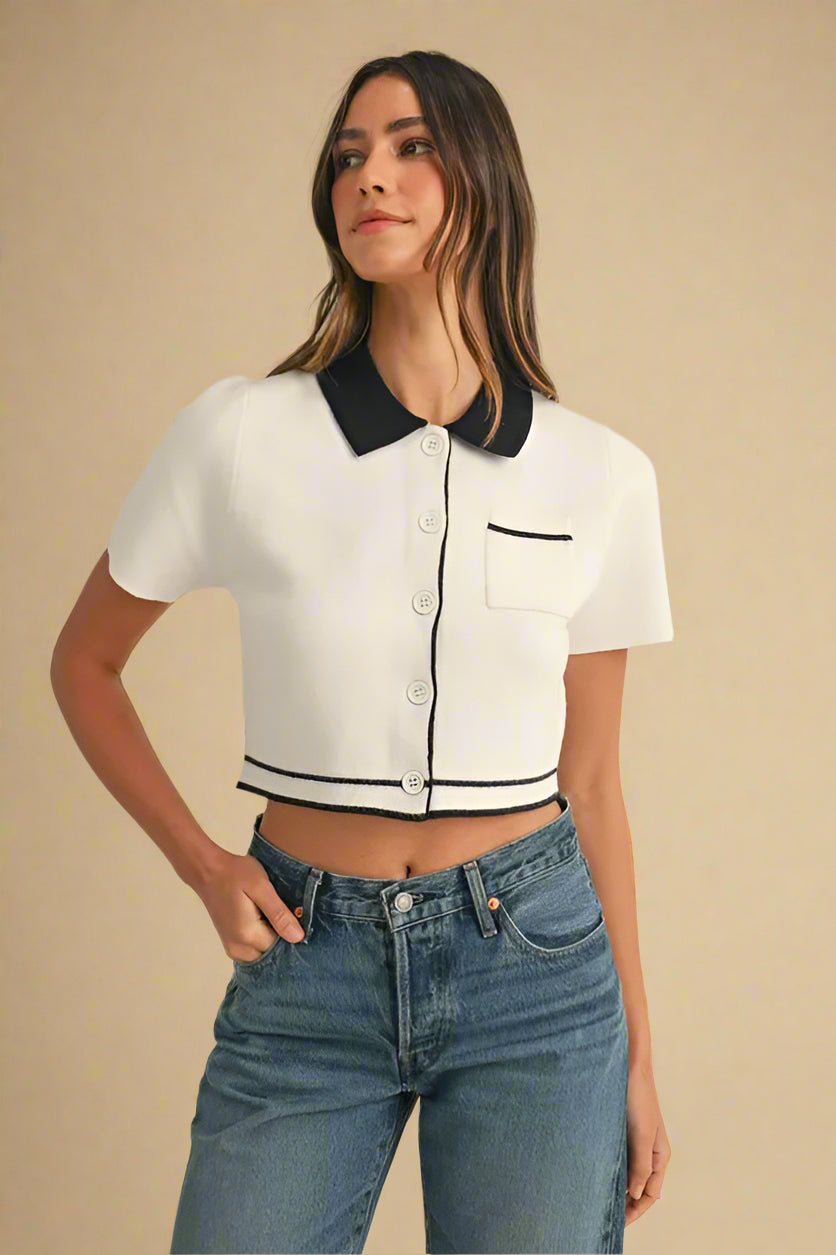 Mable - Ivory & Black Contrast Knit Polo Top