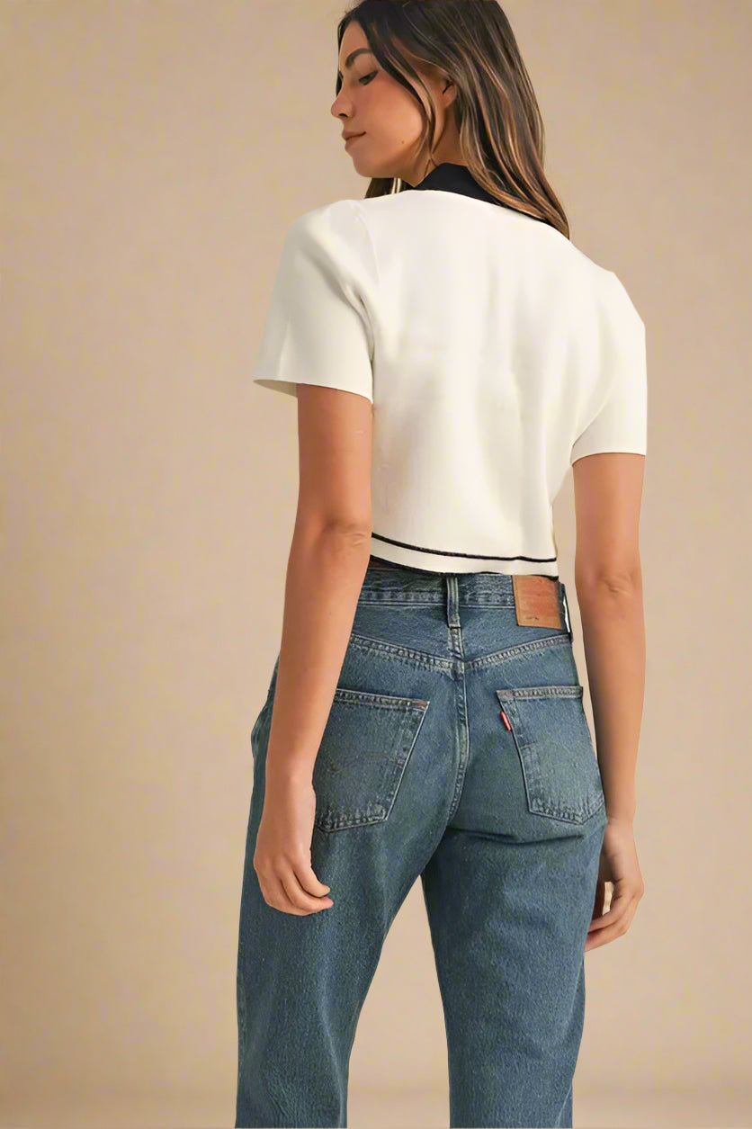 Mable - Ivory & Black Contrast Knit Polo Top