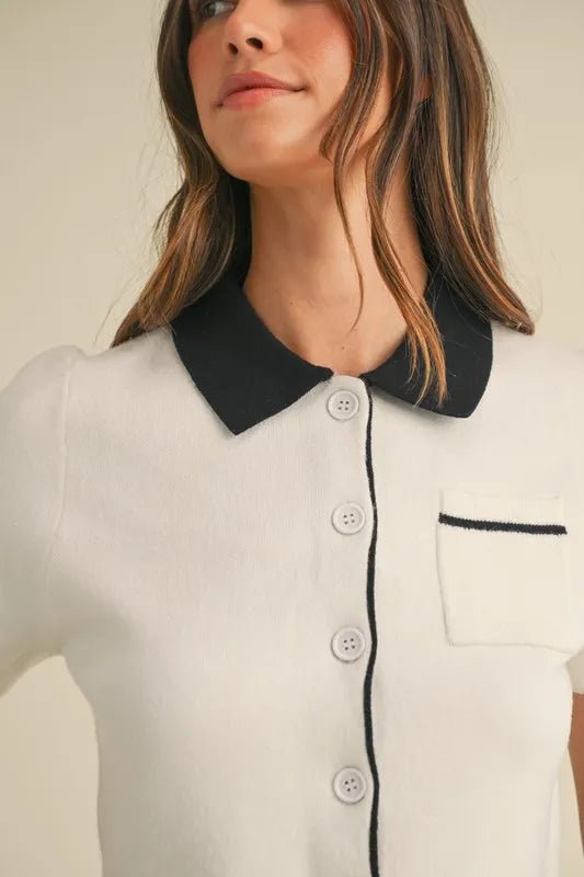 Mable - Ivory & Black Contrast Knit Polo Top