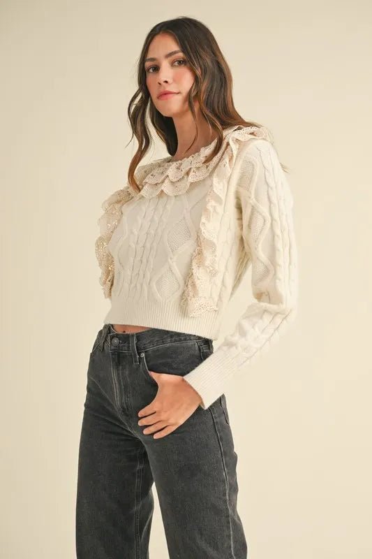 Mable - Ivory Cable Knit Ruffle Sweater