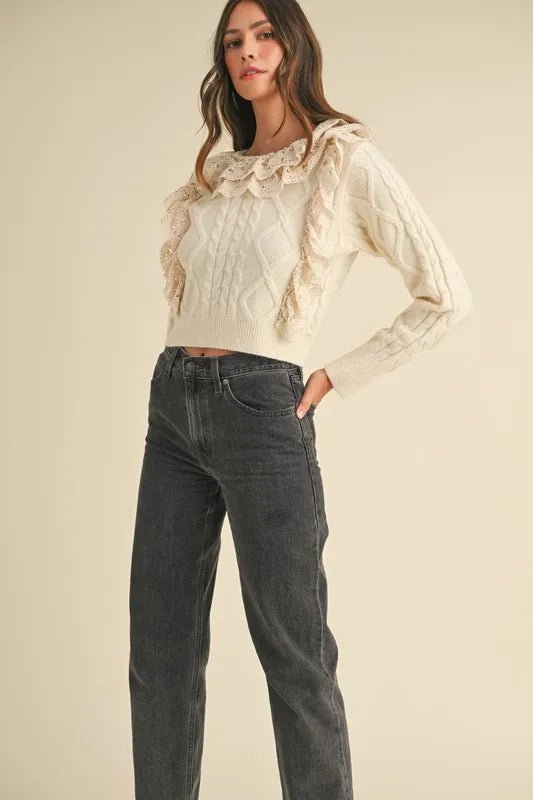 Mable - Ivory Cable Knit Ruffle Sweater