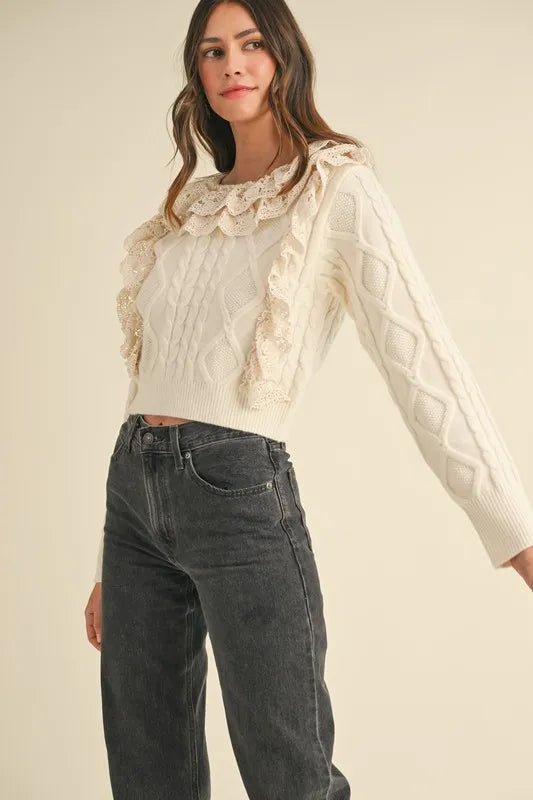 Mable - Ivory Cable Knit Ruffle Sweater