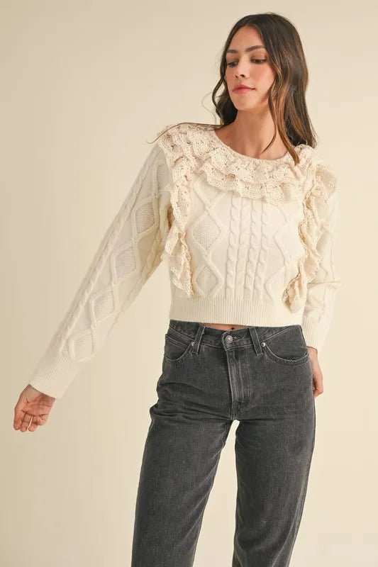 Mable - Ivory Cable Knit Ruffle Sweater