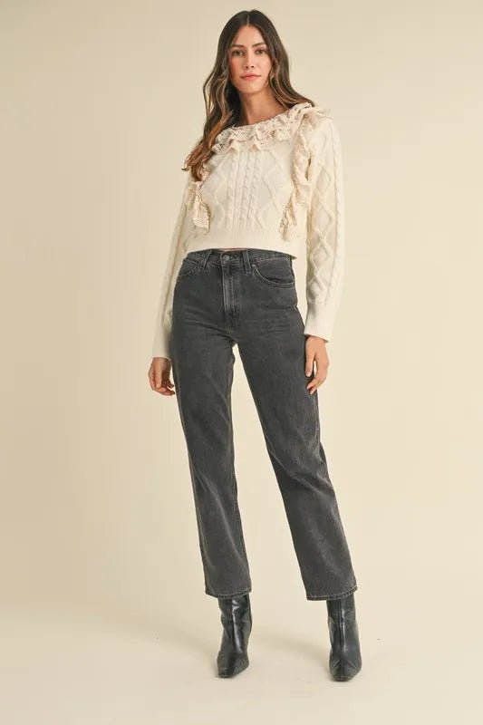 Mable - Ivory Cable Knit Ruffle Sweater