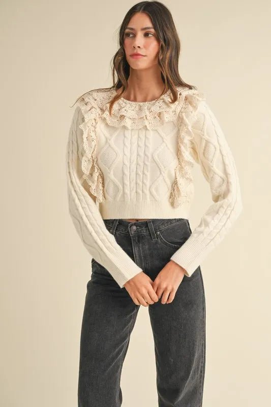 Mable - Ivory Cable Knit Ruffle Sweater