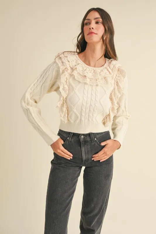 Mable - Ivory Cable Knit Ruffle Sweater
