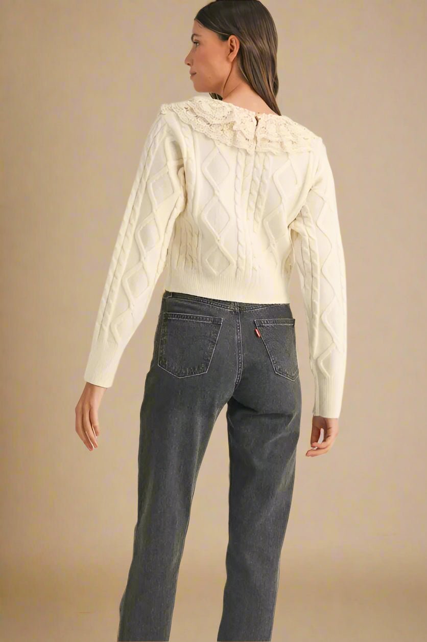 Mable - Ivory Cable Knit Ruffle Sweater