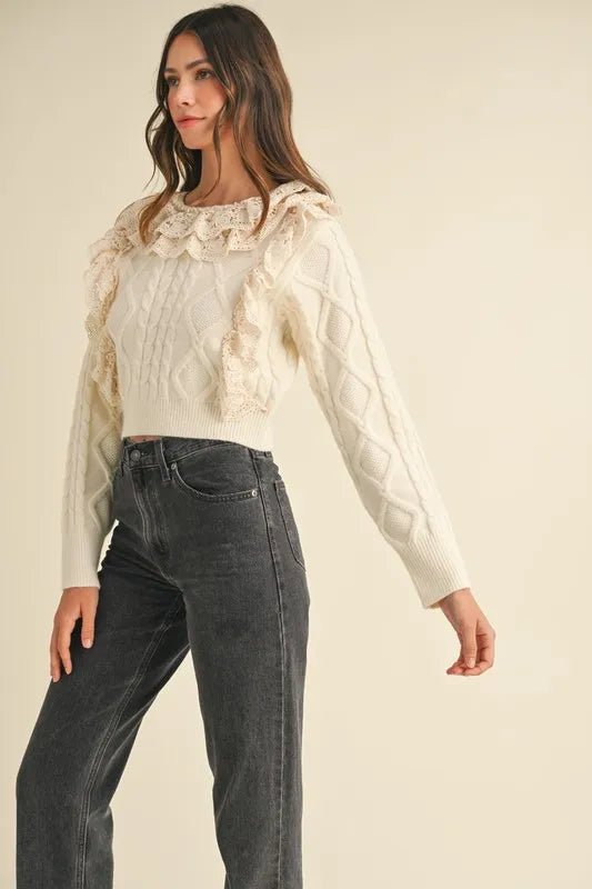 Mable - Ivory Cable Knit Ruffle Sweater
